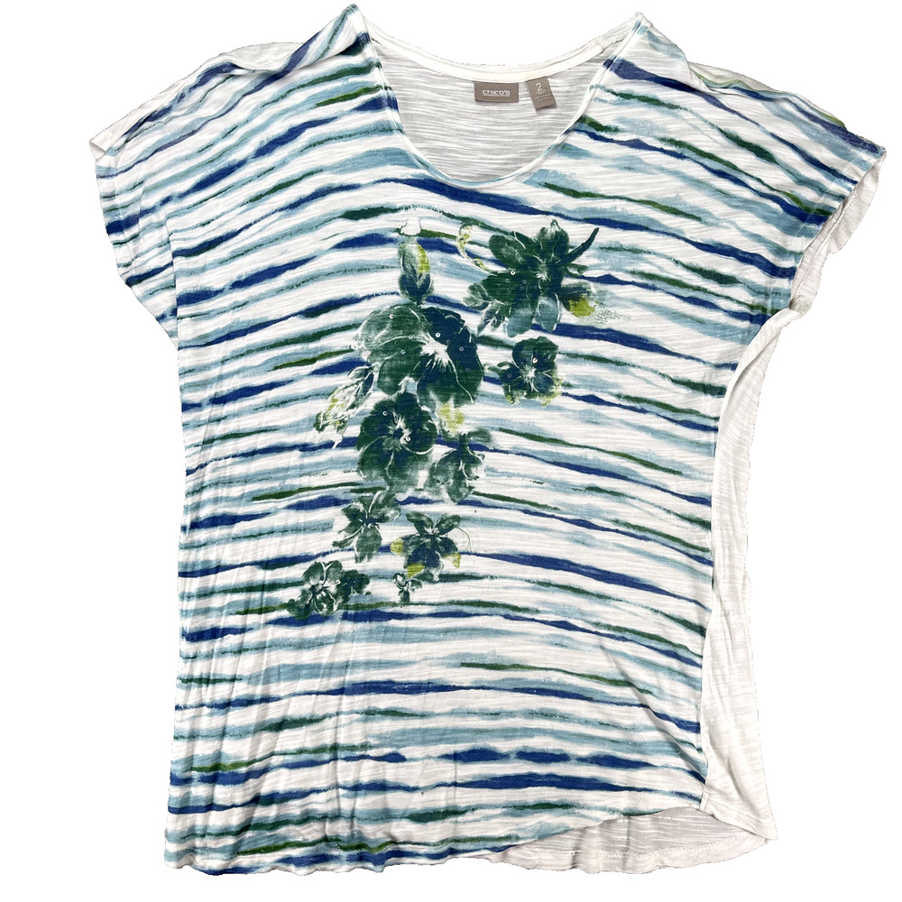 Chicos Shirt Top Womens Cap Sleeve 2 Large Semi Sheer Floral Colorful Beachy